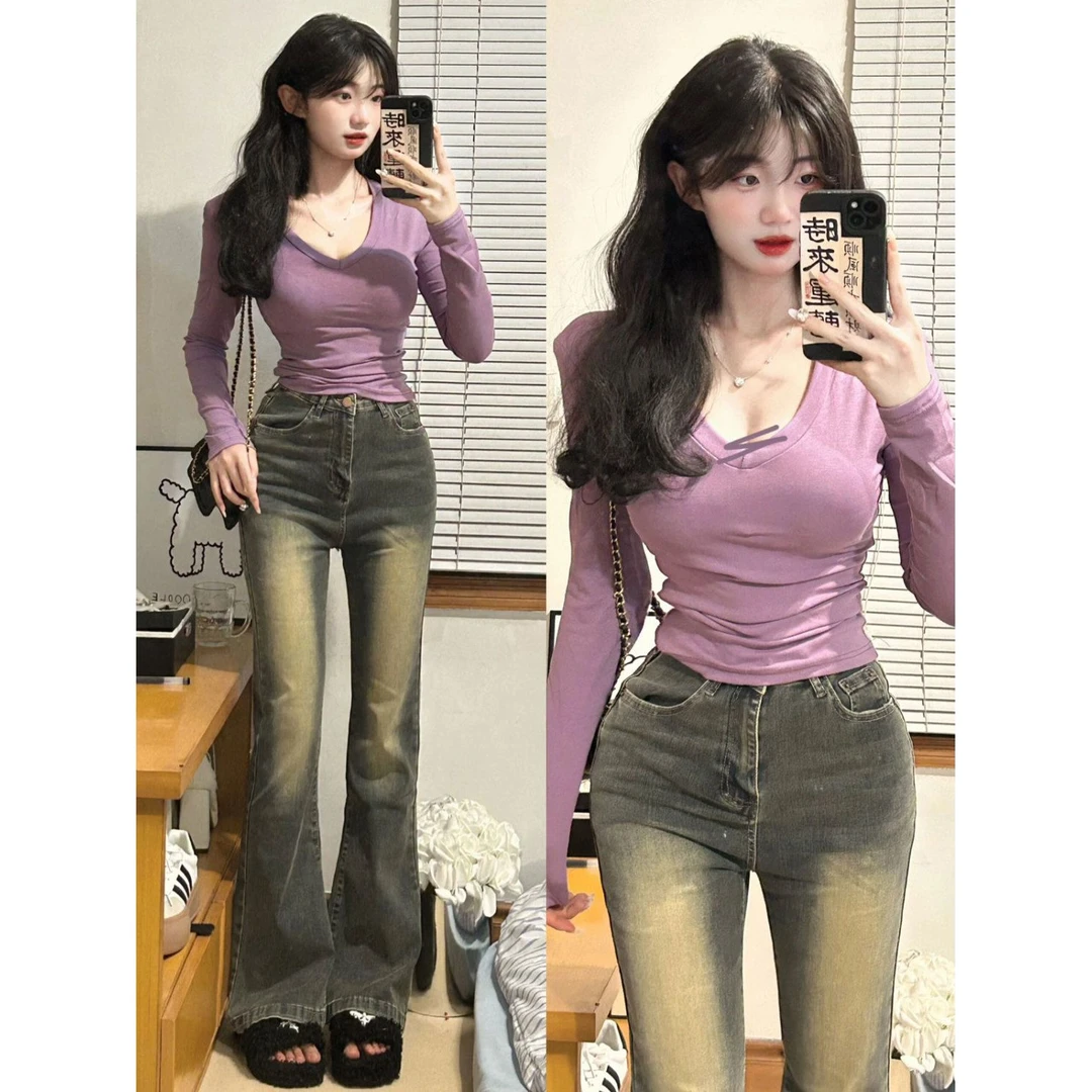 辣妹纯欲风性感V领长袖T恤女秋冬季2024新款收腰内搭打底上衣百搭