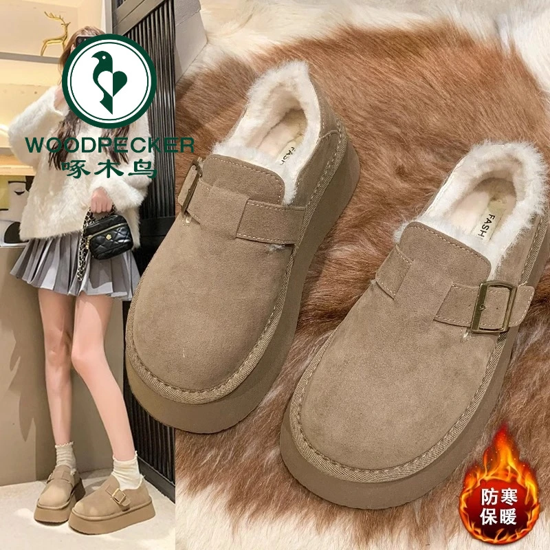 啄木鸟毛毛鞋女外穿2024新款秋冬季厚底勃肯鞋加绒保暖豆豆棉鞋子