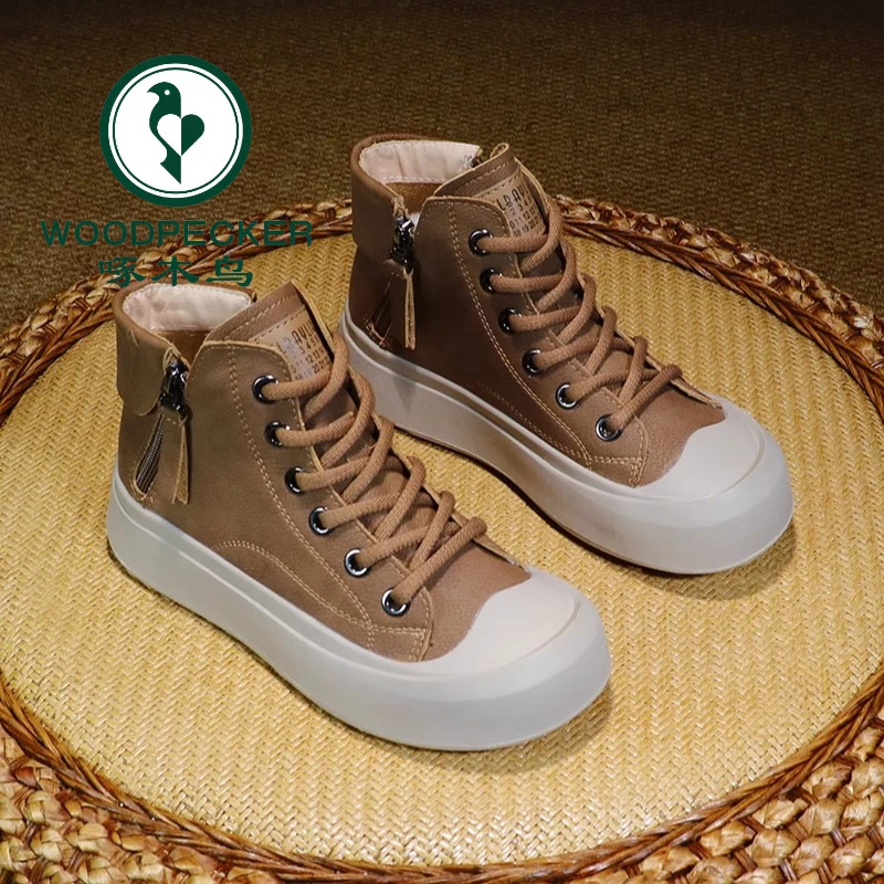 啄木鸟马丁靴女秋季高帮鞋2024年新款厚底女鞋复古休闲软底短靴女