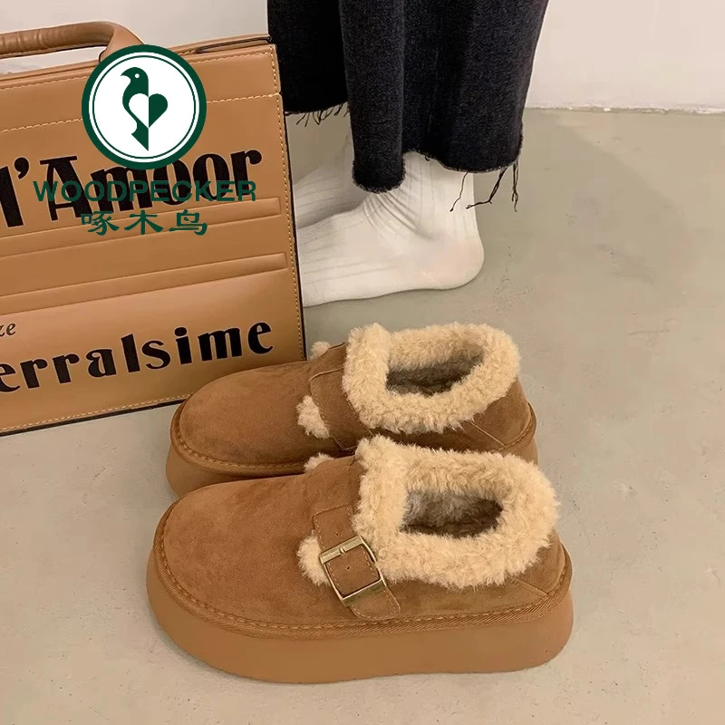 啄木鸟厚底雪地靴女2024新款冬季女鞋加绒加厚毛毛保暖勃肯鞋棉鞋