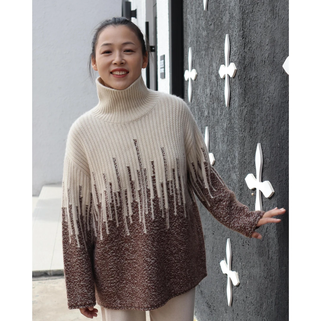 【茸绮·重工花纱】100%山羊绒高领针织花纱撞色宽松秋冬女士羊绒衫