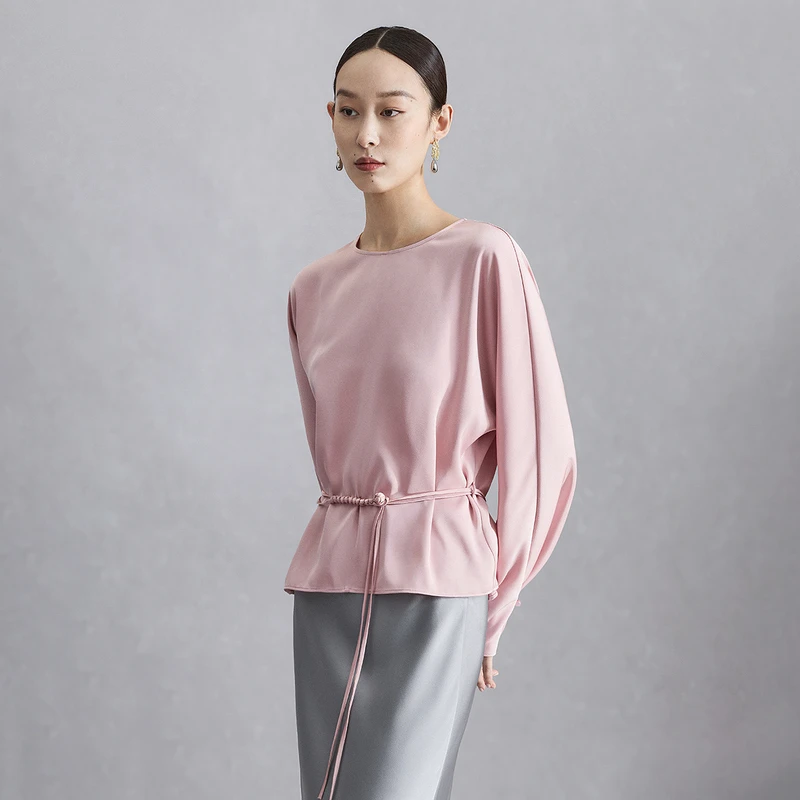 Naivee/纳薇新中式气质休闲粉色船领宽松收腰上衣女247248285