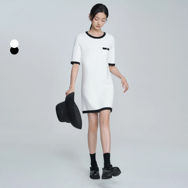 Naivee/纳薇春夏新复古简约圆领中袖合体连衣裙223S611X3