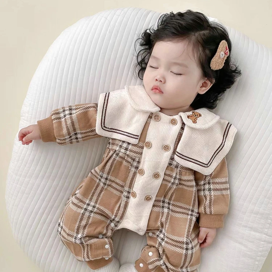 新生婴儿童秋款长袖衣服春秋季韩版翻领连体衣宝宝洋气格子外出服
