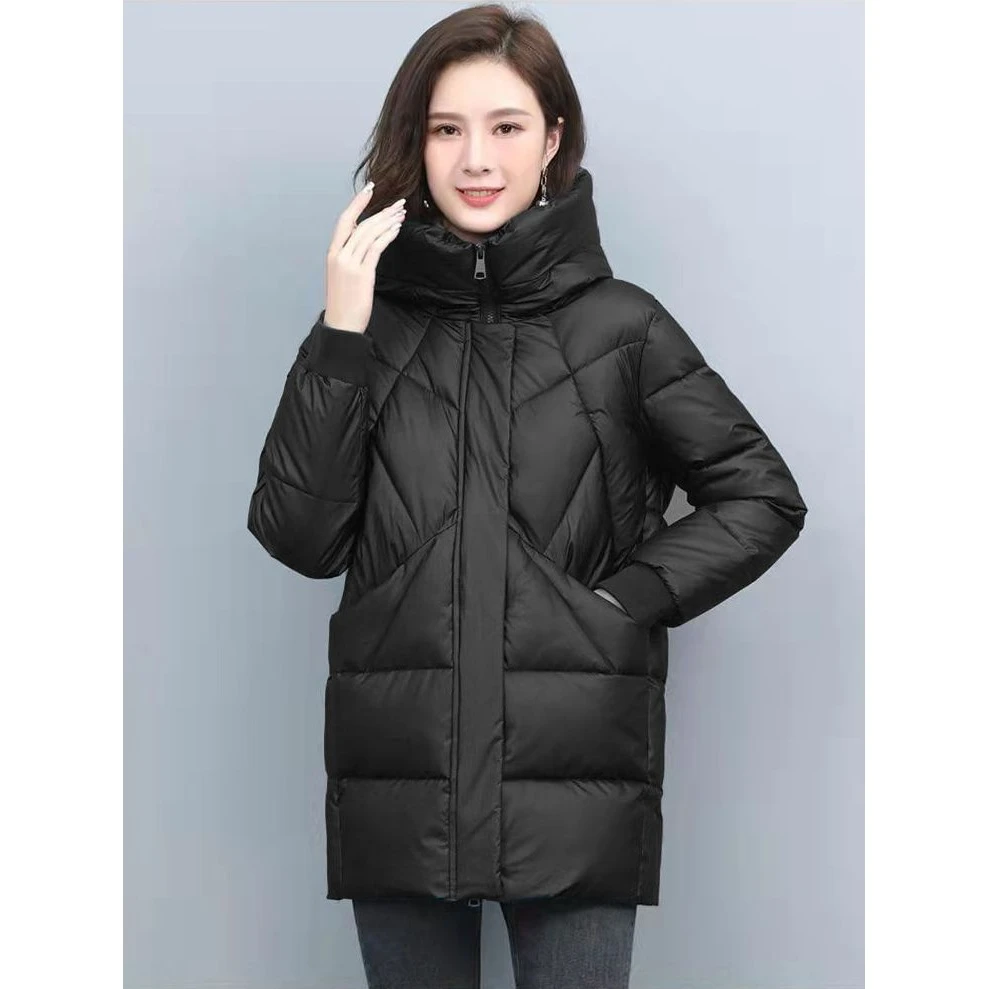 江红连帽羽绒服女中长款2023冬装加厚羽绒服大码韩版保暖羽绒服