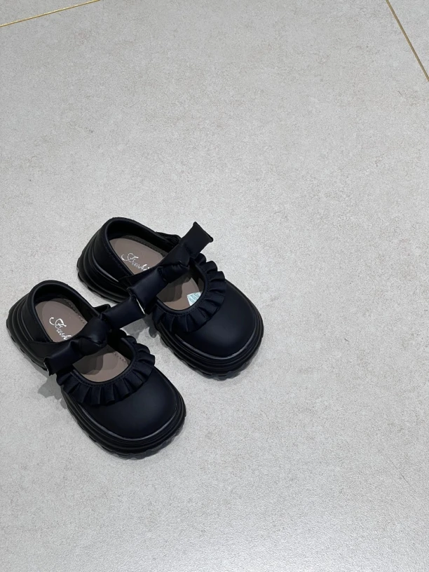 儿童豆豆鞋金属风洛丽塔朵边小皮鞋方口公主鞋厚底女童百搭时尚