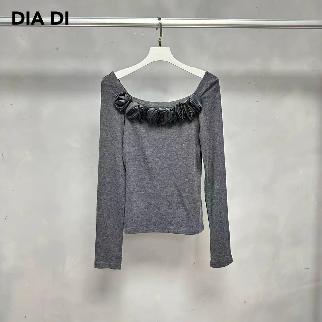 D STUDIO 灰色立体玫瑰一字肩长袖T恤 D1191