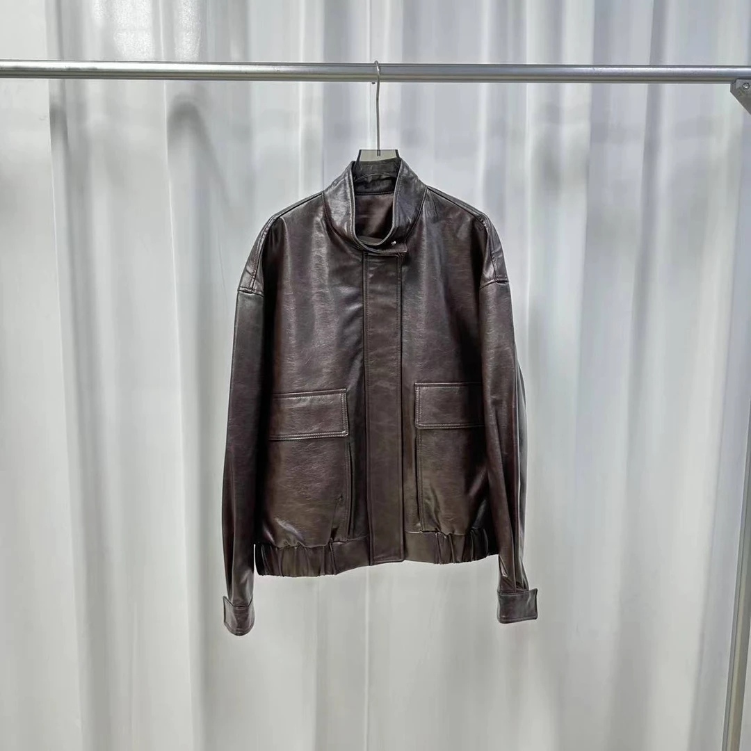 D STUDIO 棕色机车皮夹克 D1547