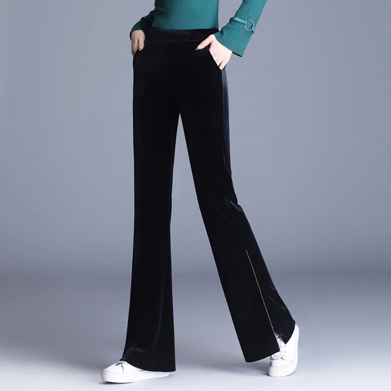 黑色金丝绒喇叭裤女2024春秋季新款加绒垂感显瘦开叉钻链微喇叭裤