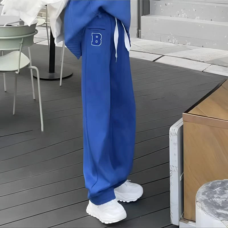 克莱因蓝色瘦版阔腿女2024秋冬新款高腰宽松显瘦直筒出游服装女