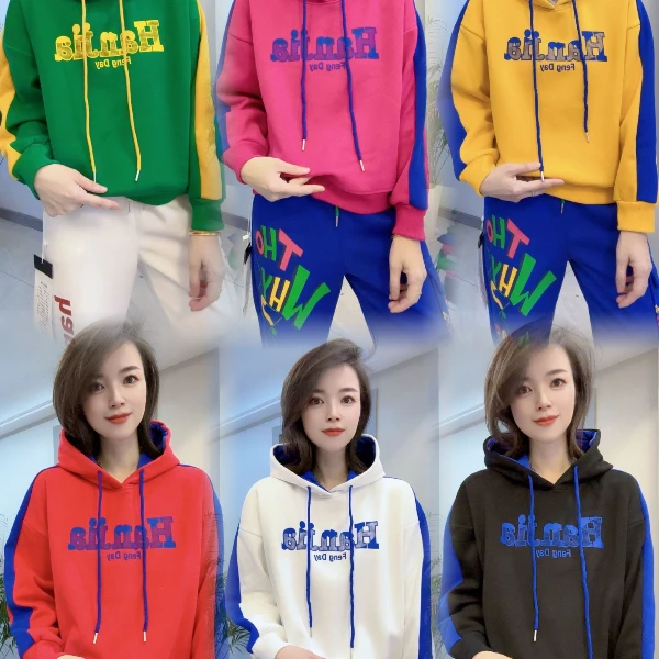 《韩家枫》#9212连帽秋冬百搭拼接宽松时尚洋气休闲印花加绒卫衣