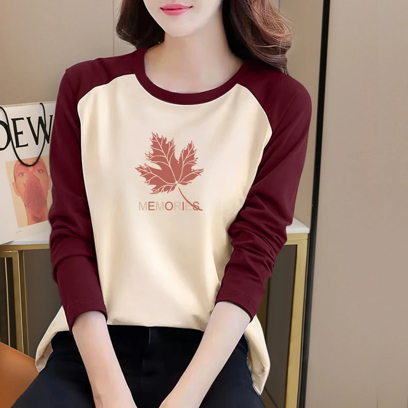 100%纯棉长袖T恤女春秋韩版宽松大码200斤宽松洋气休闲拼色打底衫