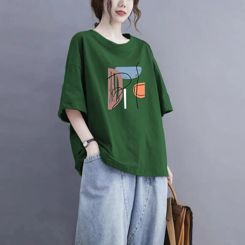 100%纯棉短袖T恤女夏大码200斤宽松显瘦韩版百搭学生半袖休闲上衣