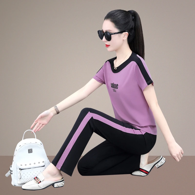 运动套装女夏季2025新款时尚圆领短袖长裤跑步休闲服洋气两件套潮