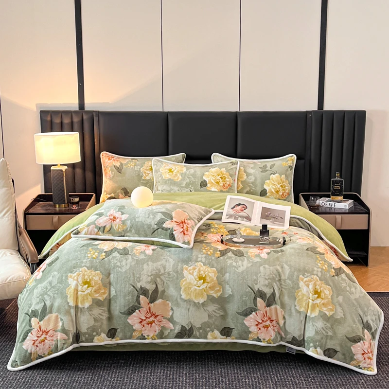 加厚加绒牛奶绒四件套韩版床裙款床品套件秋冬季保暖绒被罩8--9斤