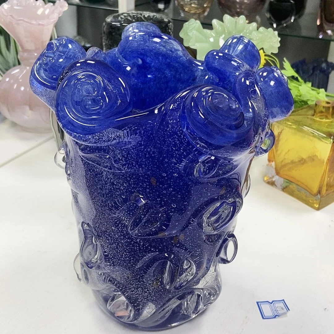 蓝色琉璃花花瓶高25花瓶摆件