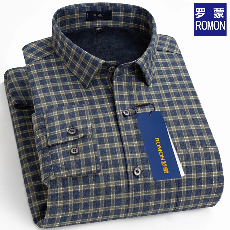 罗蒙男款秋冬长袖衬衫免烫抗皱格子衬衫男士中年加绒保暖衬衫
