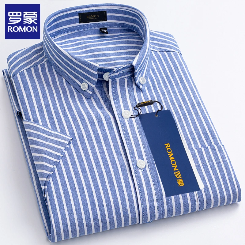 罗蒙纯棉休闲条纹短袖衬衫男士夏季热卖款轻奢高档舒适透气衬衣