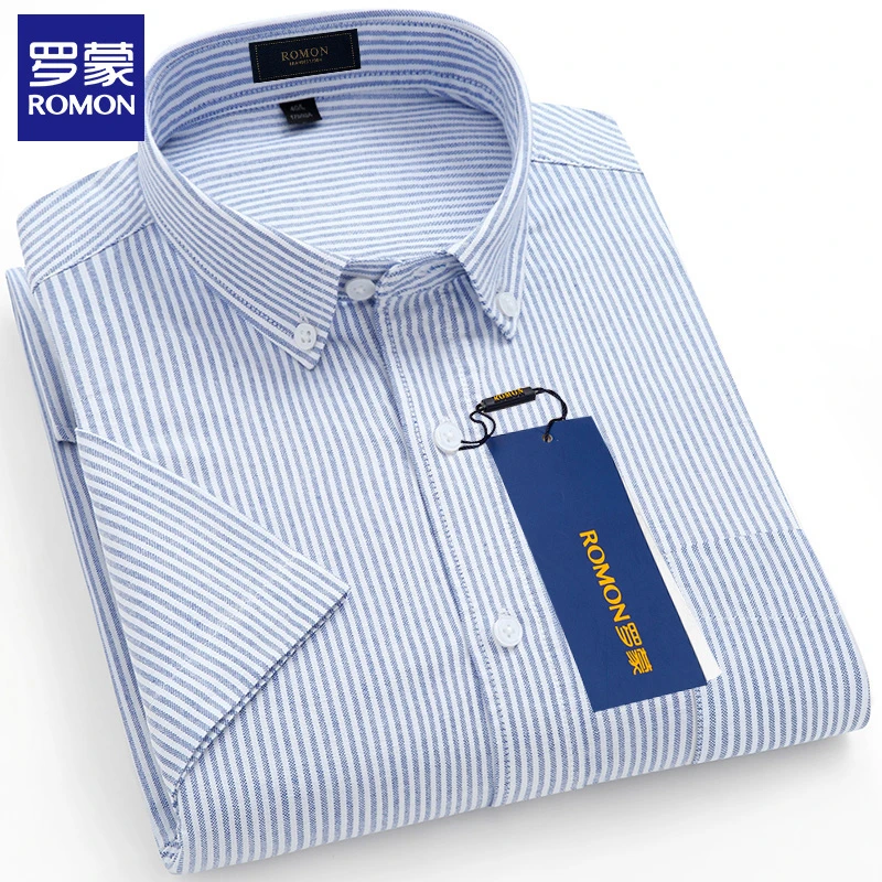 罗蒙100%纯棉条纹短袖衬衫男士夏季休闲款格子衬衣正品牌商务男装