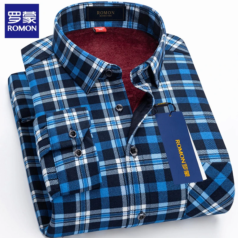 罗蒙男士加绒衬衫保暖衬衣男款2023新款爆款秋冬男装穿搭推荐