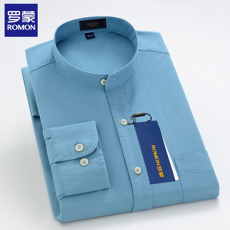 罗蒙全棉高档长袖衬衫男款2023爆款新款纯色高端上档次立圆领衬衣