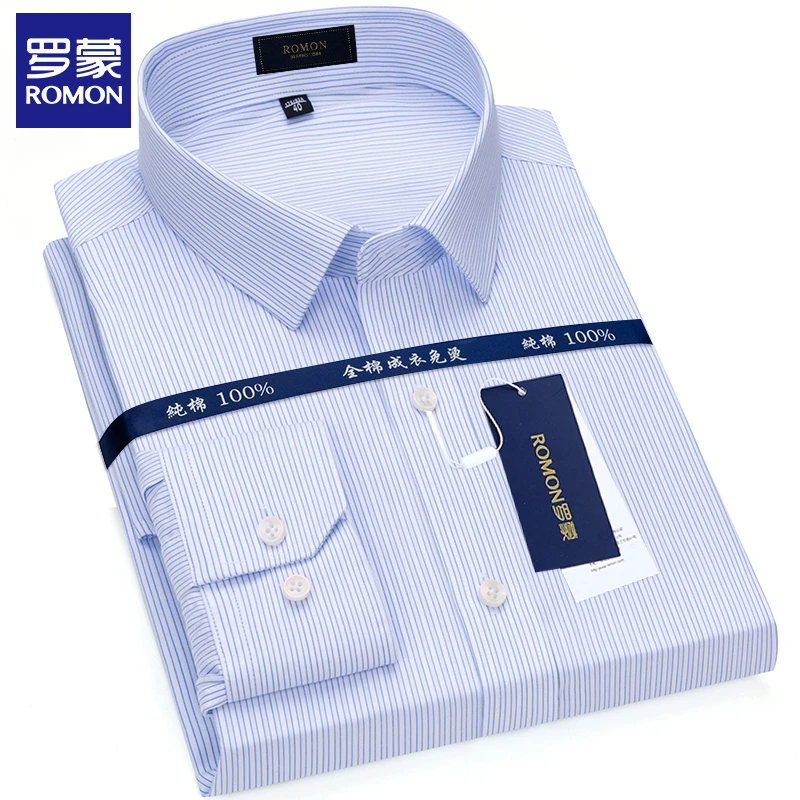 罗蒙男士高端蓝色细条纹衬衫男款纯棉免烫商务男装上档次竖纹衬衣