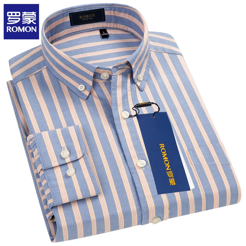 罗蒙100%纯棉条纹长袖衬衫男士秋季休闲款格子衬衣正品牌商务男装