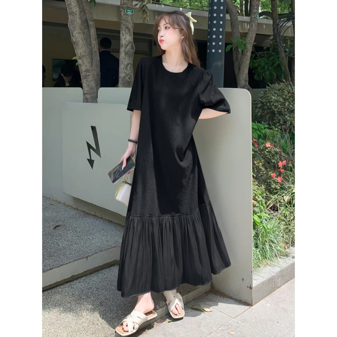 胖mm夏装2025新款大码女装宽松a字长裙巨显瘦遮肚洋气连衣裙200斤