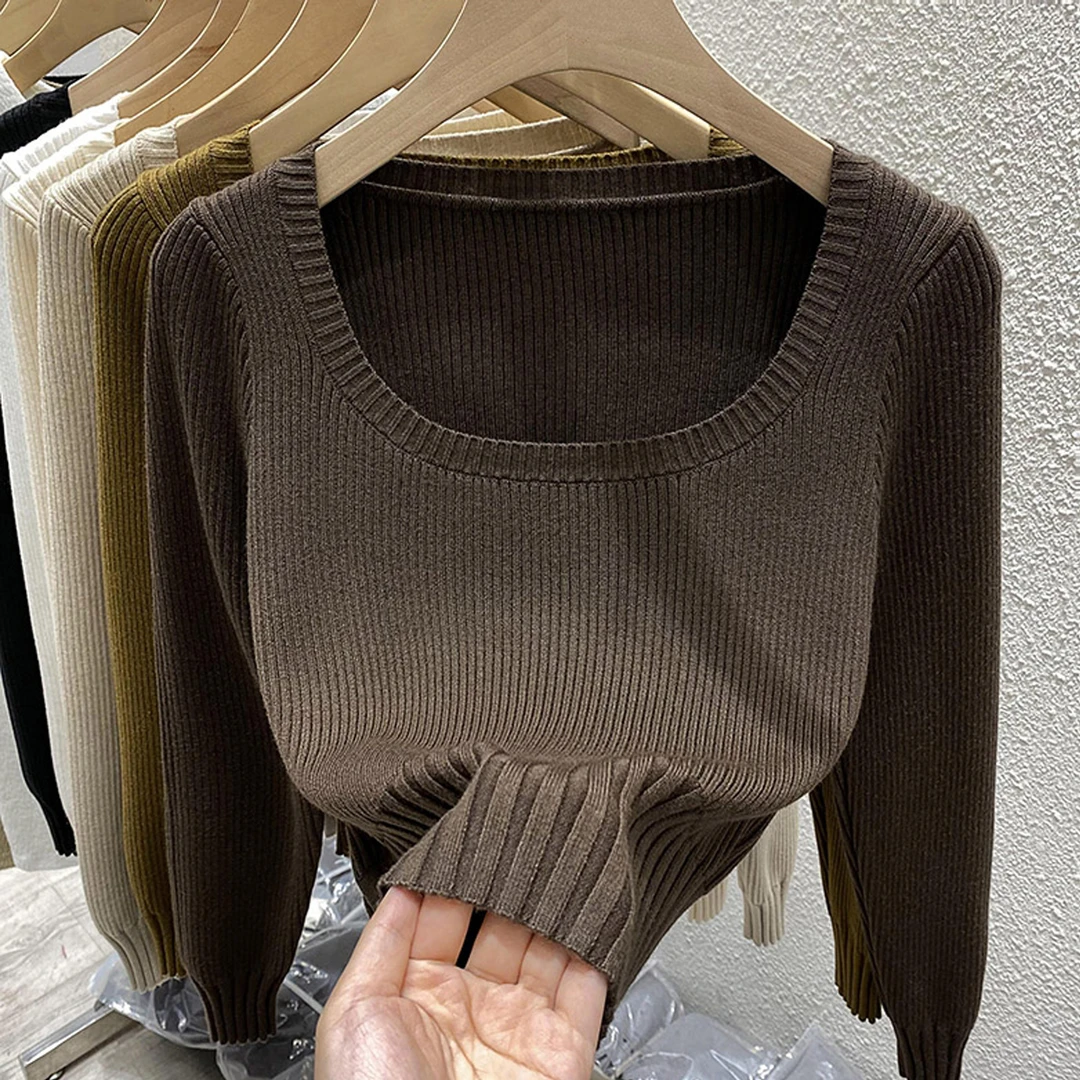 2023针织衫上衣女秋冬设计感小众方领黑色内搭洋气短款打底衫T恤