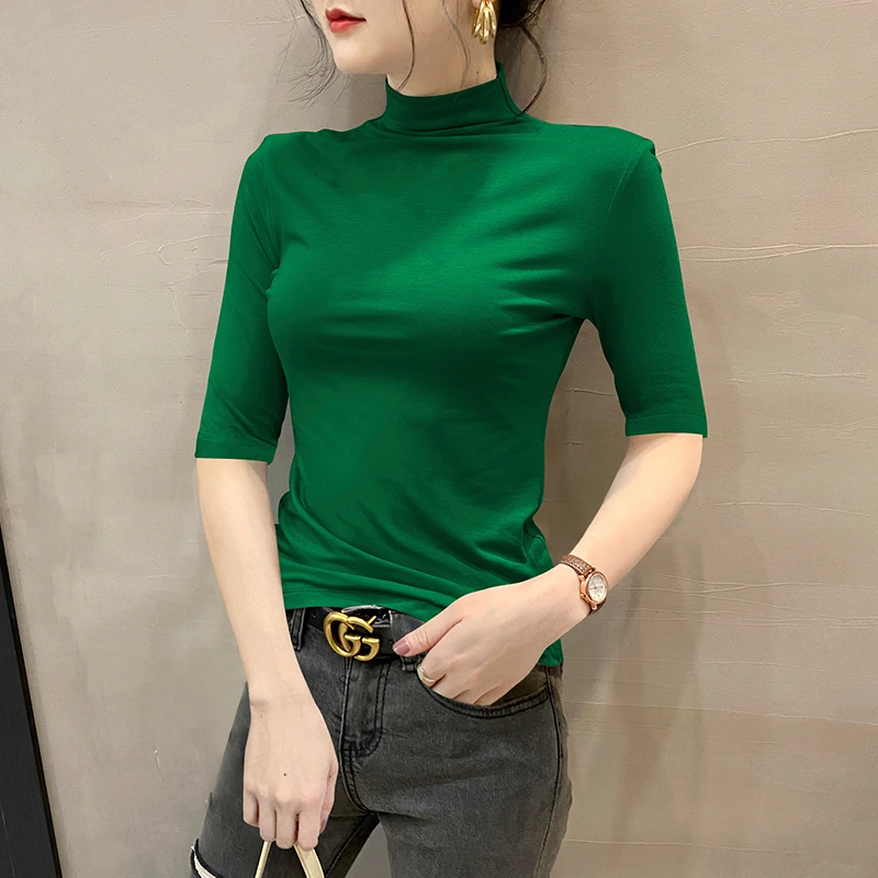 半高领中袖t恤女2023复古内搭打底衫莫代尔内搭五分袖气质上衣潮