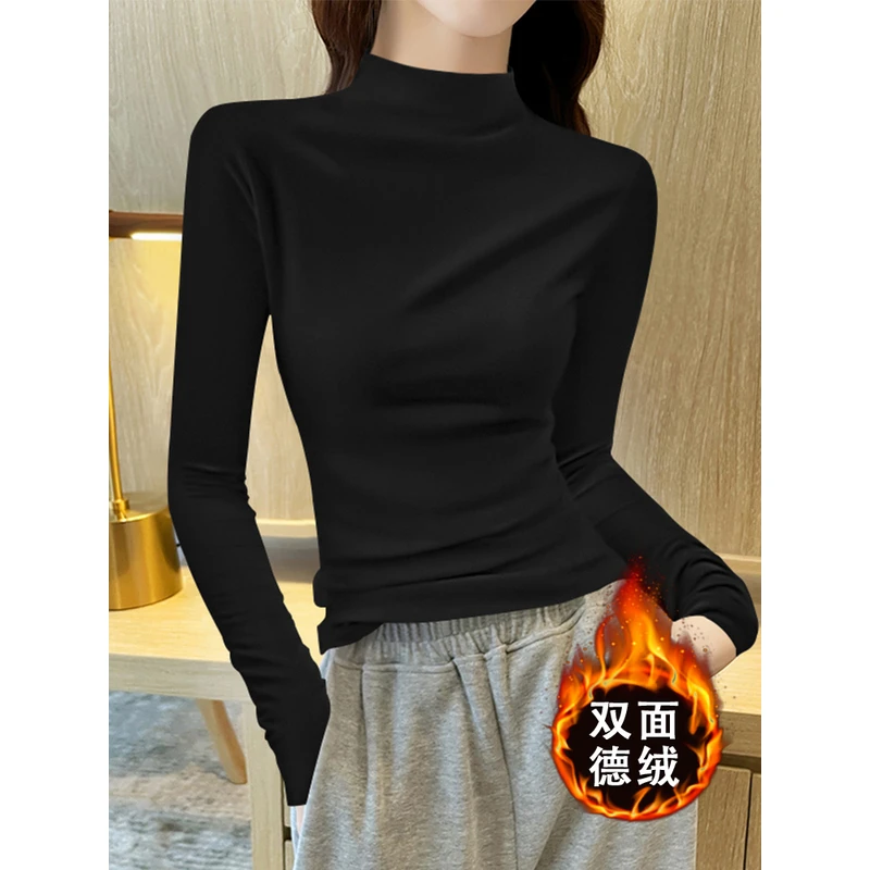 黑色半高领德绒打底衫女内搭长袖2023年秋冬加绒加厚紧身保暖上衣