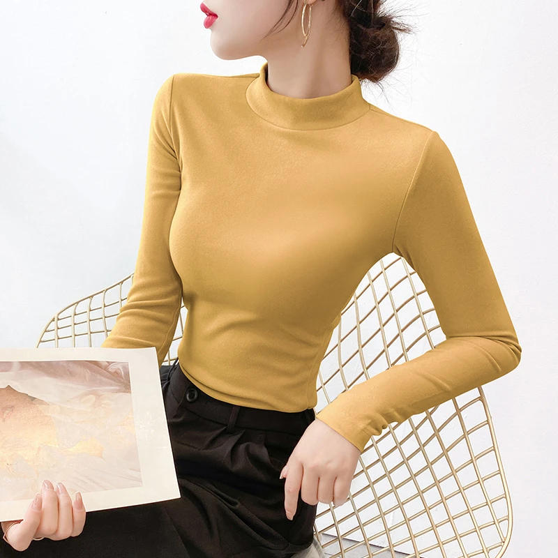 德绒打底衫女内搭秋冬长袖加绒加厚春秋黑色修身半高领保暖上衣潮