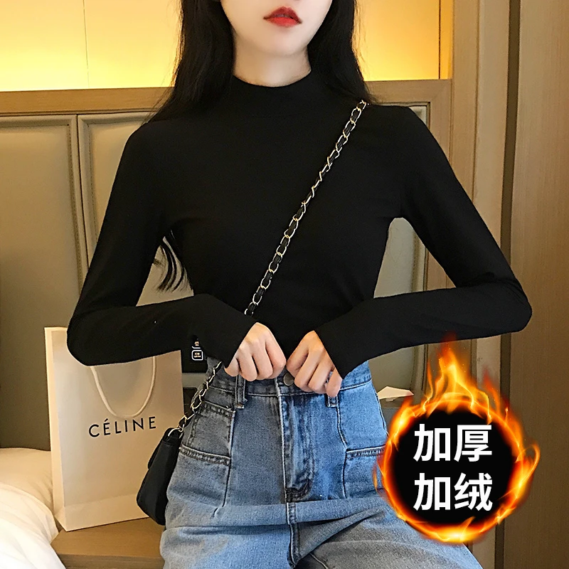 加厚加绒黑色半高领打底衫女长袖2025春秋冬保暖内搭秋衣紧身上衣