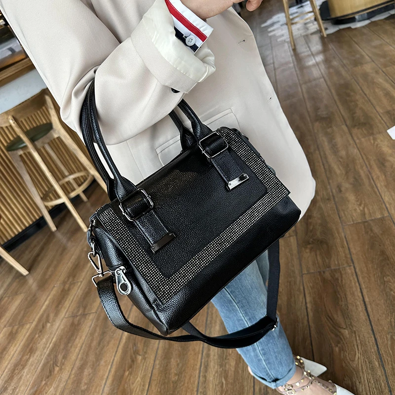 牛皮手提包烫钻女包2023新款软皮大容量欧美时尚休闲气质单肩挎包