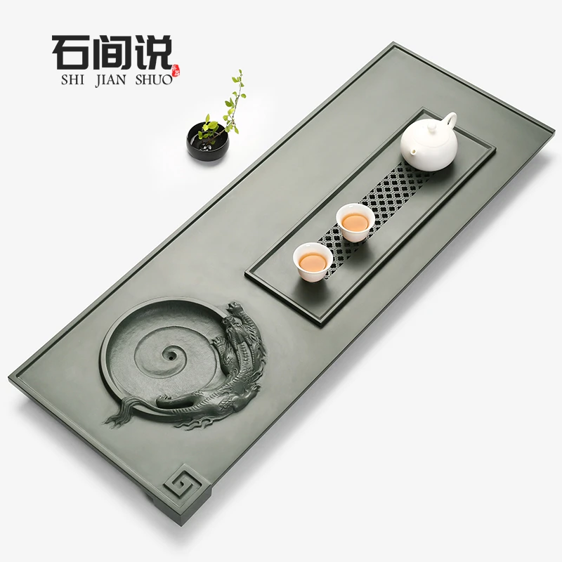 石间说天罗绿茶盘雕刻高端茶盘家用办公泡茶茶台窗台轻奢精工螭吻
