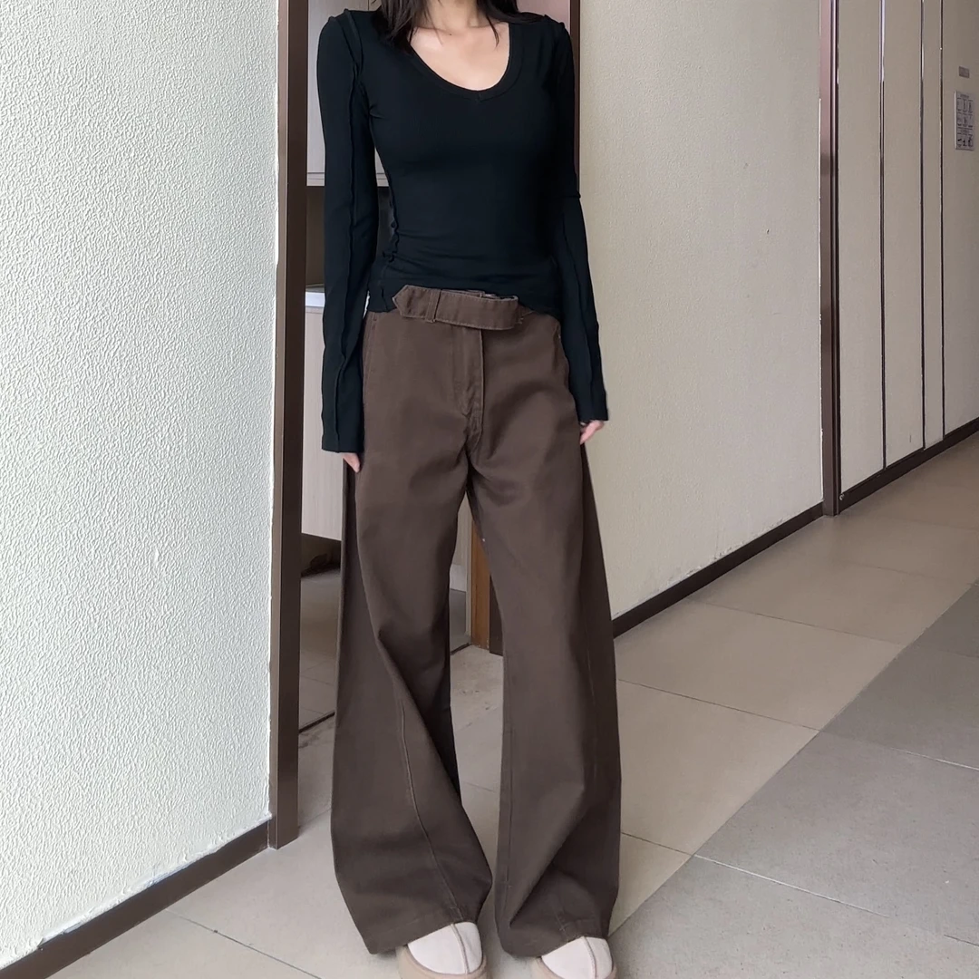 【部分现】美式腰带设计感复古工装牛仔裤女新款复古长裤Q244164