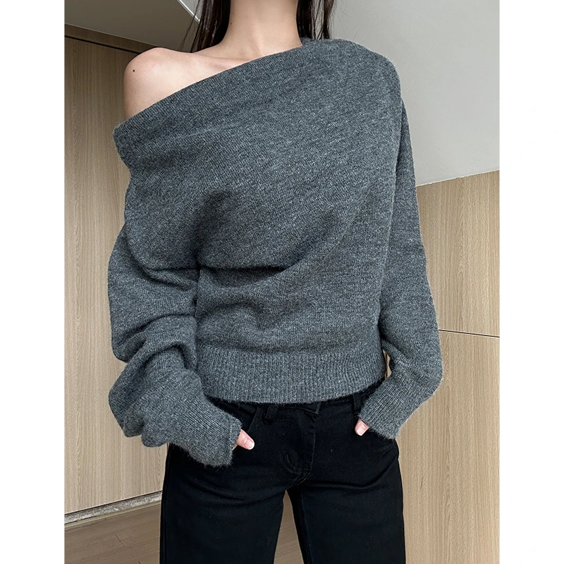 【部分现】高级设计感一字领露肩宽松针织衫女早秋季新款上衣M577