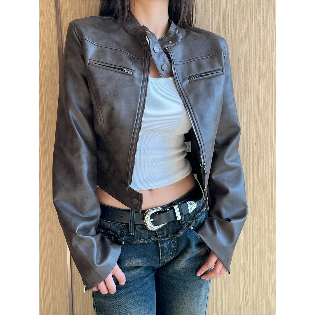 【售完不补】美式复古朋克少女修身短款皮夹克设计感复古外套 Q582