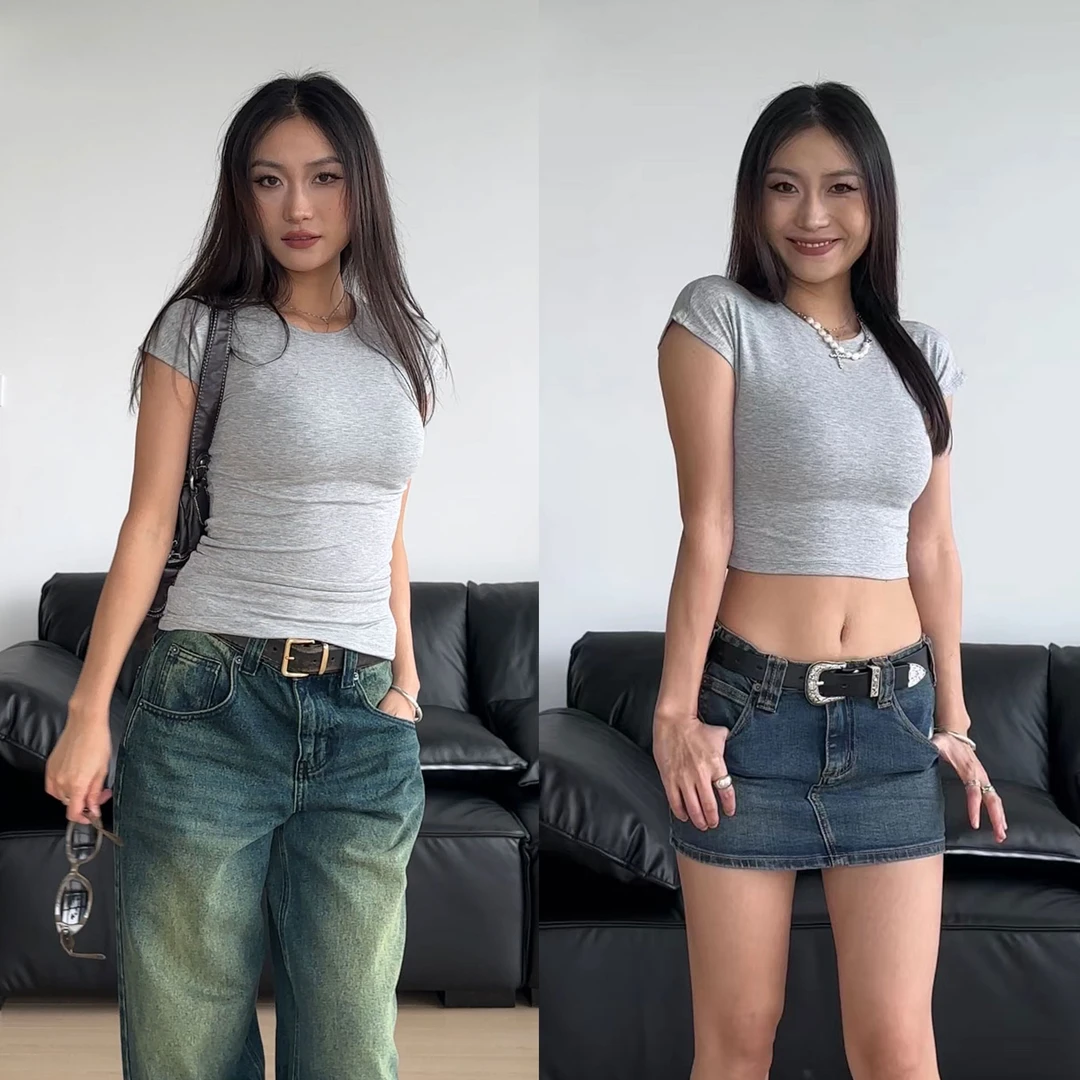 简约百搭辣妹打底纯色T恤2023新款夏季女春夏修身显瘦上衣8502