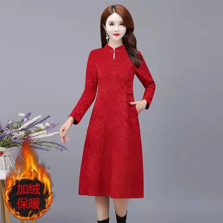 中年女秋冬季时尚洋气长款加绒加厚2022新款妈妈连衣裙保暖中老年