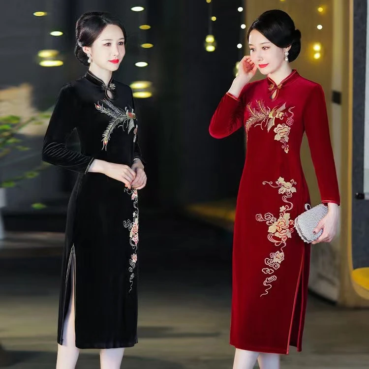 中年女春秋金丝绒连衣裙绣花改良旗袍裙喜婆婆妈妈装婚宴礼服裙子