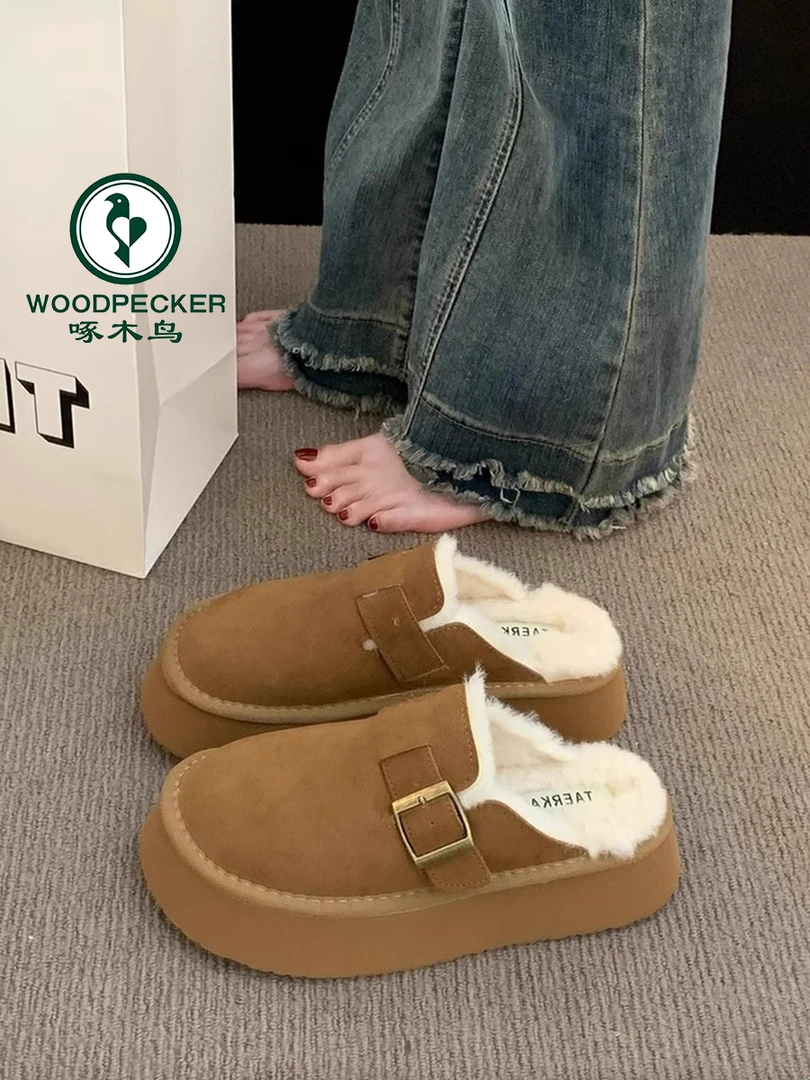 啄木鸟厚底毛毛拖鞋女勃肯鞋2024新款秋冬加绒保暖博肯包头半拖鞋