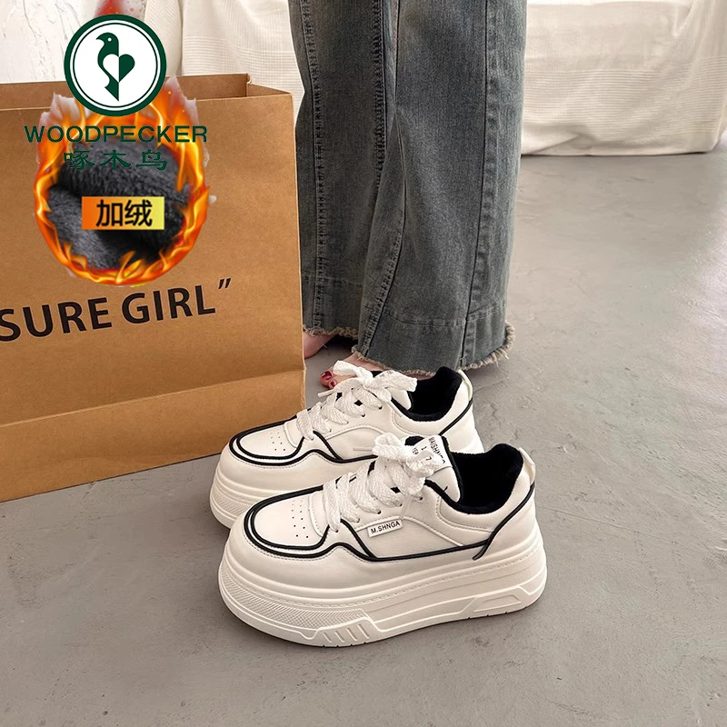 啄木鸟百搭松糕小白鞋女春秋时尚厚底板鞋2024新款增高休闲运动鞋