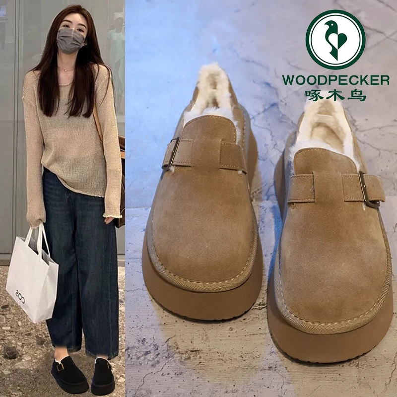 啄木鸟厚底加绒勃肯鞋女2024新款秋冬毛毛博肯雪地靴保暖面包棉鞋