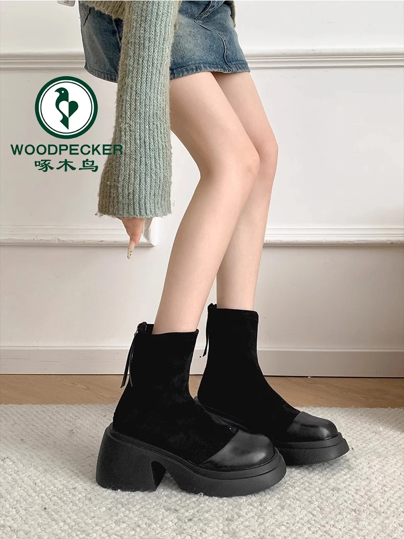 啄木鸟复古粗跟厚底马丁靴女2024新款春秋增高英伦风弹力瘦瘦靴子