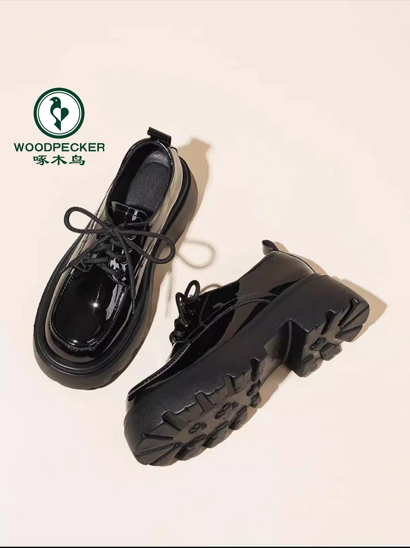 啄木鸟英伦风小皮鞋女2024秋季新款单鞋系带百搭增高厚底乐福鞋子
