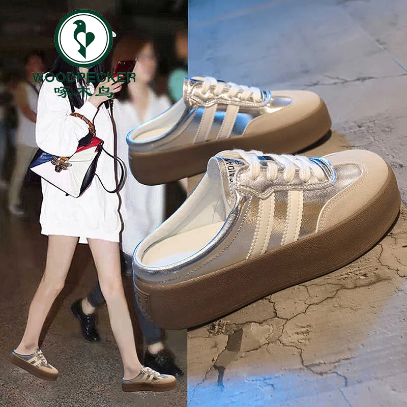 啄木鸟包头拖鞋女2024新款夏季外穿一脚蹬懒人小白鞋厚底德训鞋子