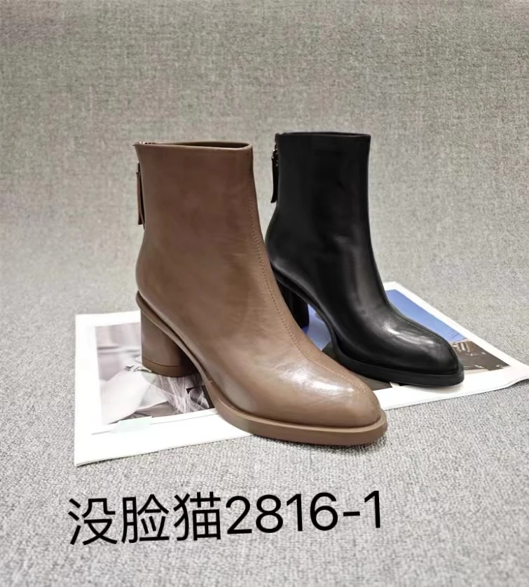 没脸猫秋冬时尚百搭粗跟尖头高跟气质真皮单里时装靴2816-1