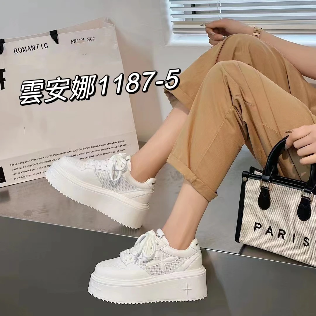 雲安娜2024春夏时尚百搭厚底低帮网面系带松糕底白鞋1187-5