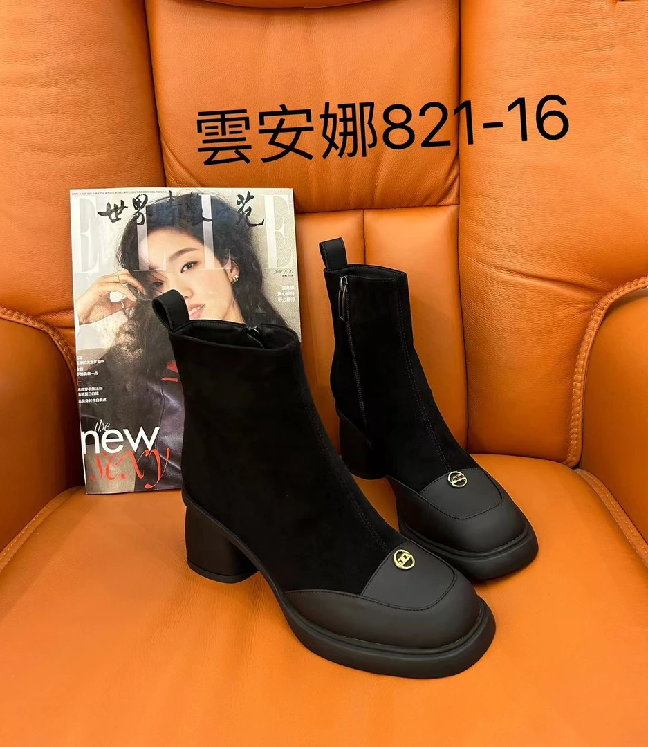 雲安娜秋冬时尚百搭厚底粗跟黑色方头中跟靴子821-16